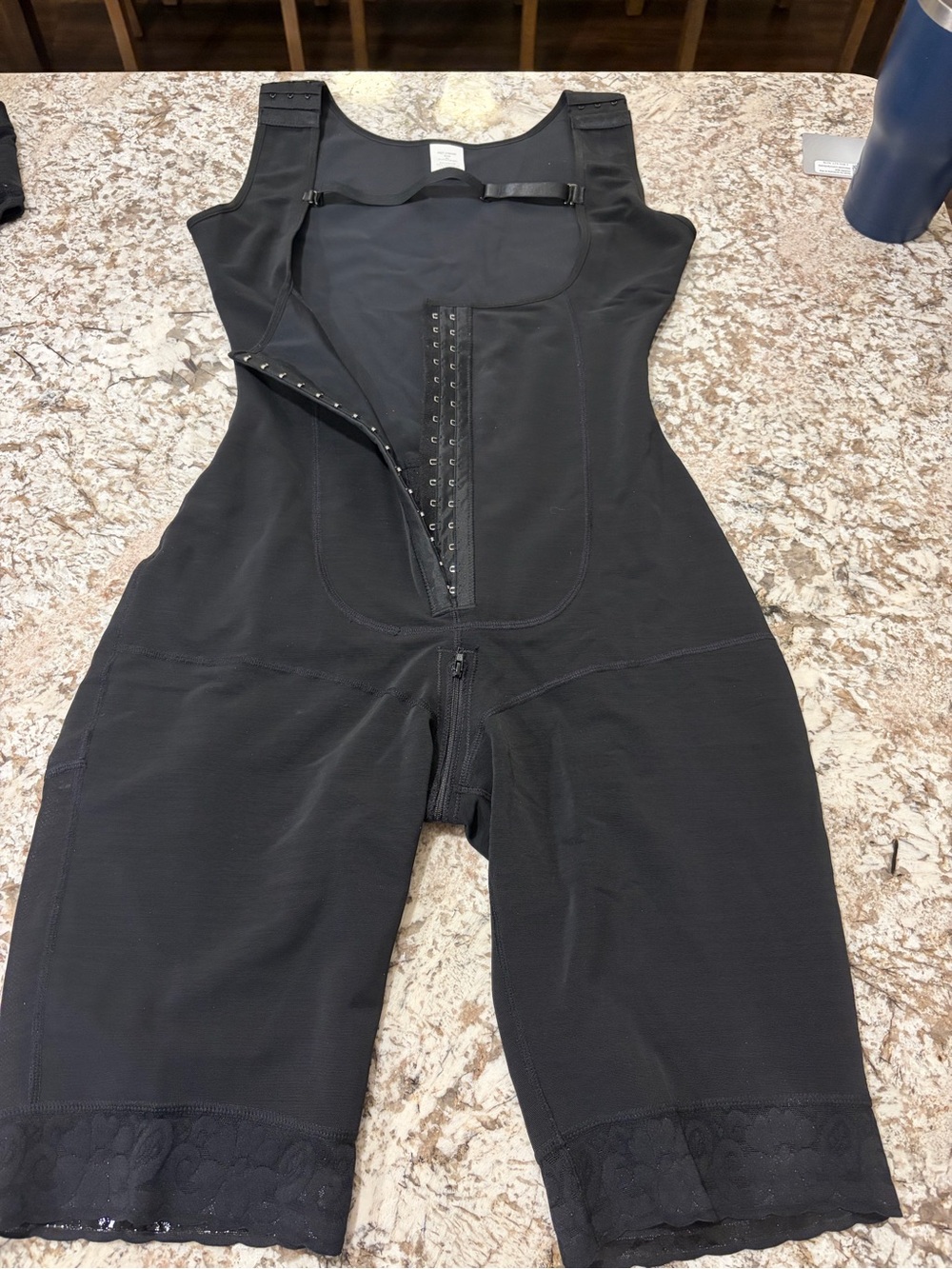 Black Full-Body Shapewear Bodysuit with Lace Hem